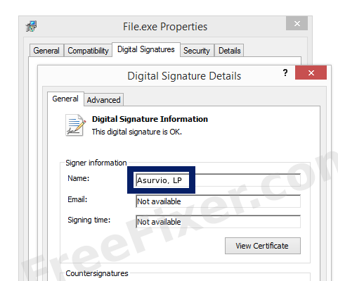 Screenshot of the Asurvio, LP certificate